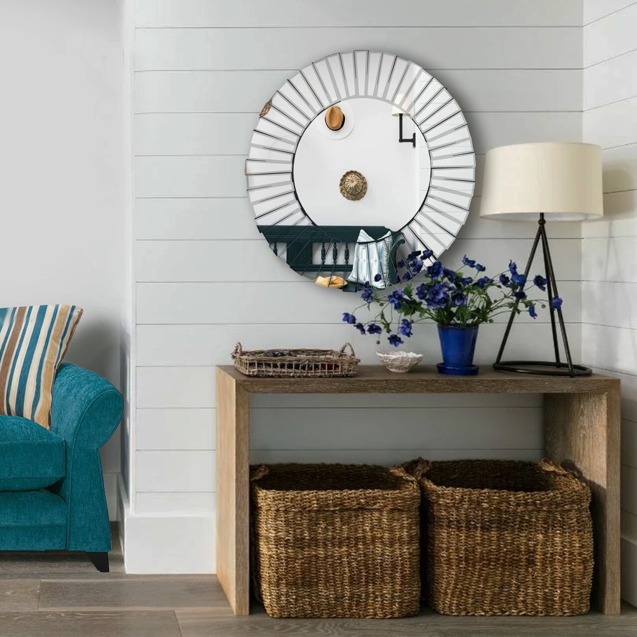 Saltoro Sherpi 28 Inch Round Floating Wall Mirror with Mirrored Frame Work, Silver-